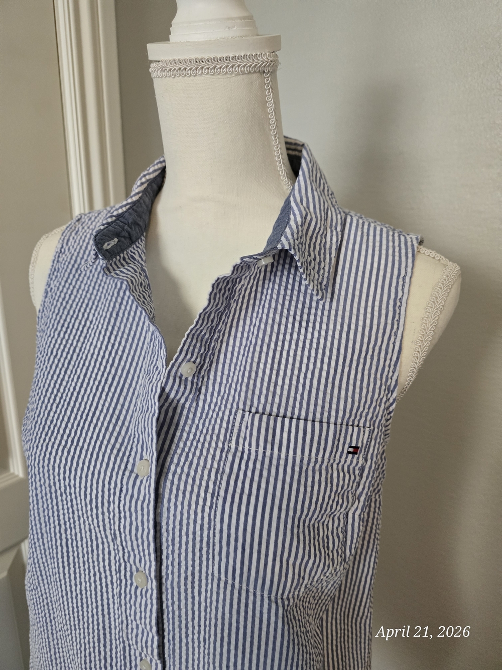 Tommy Hilfiger Navy and White Seersucker Sleeveless Shirt Blouse